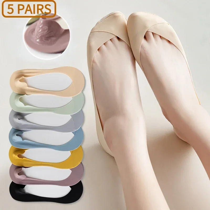 Top Trends: 5 Pairs / Lot Socks For Women Ice Silk Boat Socks Non-slip Silicone Invisible No Show Low Cut Short Thin Breathable Summer Shoppable Styles