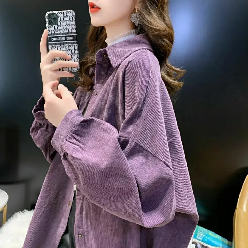 Top Trends: Autumn And Winter Long Sleeves Corduroy Purple Coat Women's Clothing Jacket Retro Loose Medium And Long Shirt Techwear Shoppable Styles