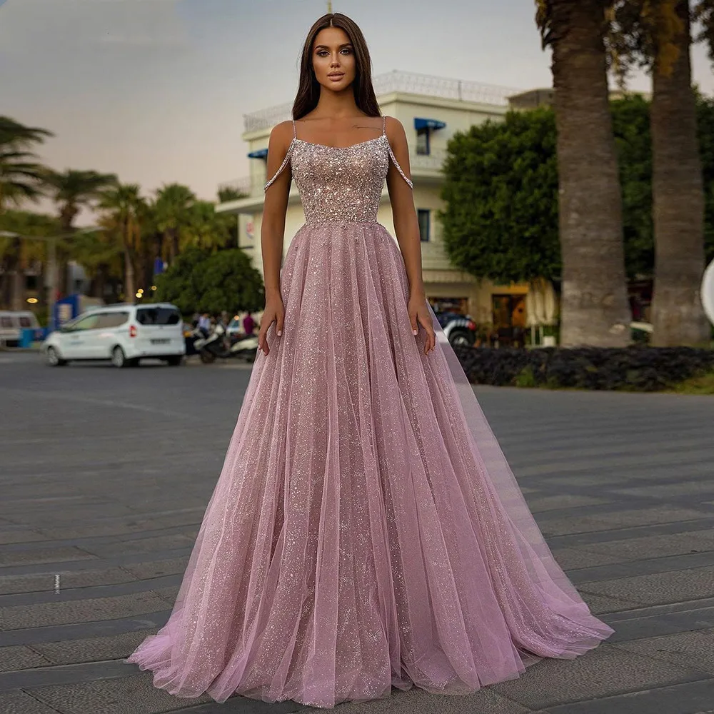 Top Trends: Exquisite Blush Pink Sequin Prom Dress Tulle Spaghetti Strap A Line Long Formal Evening Party Gowns For Women Floor Length 2024 Shoppable Styles