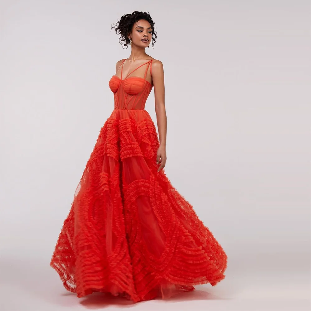 Top Trends: Sevintage Red Tiered Ruffles Tulle Prom Dresses Sweetheart Spaghetti Strap Pleat Ruched A-Line Saudi Arabic Party Evening Gowns Shoppable Styles