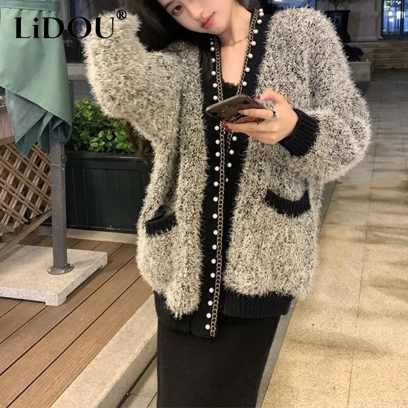 Top Trends: 2023 Autumn Winter New Solid Color V-neck Long Sleeve Sweater Women Fashion Embroidered Flares Chains Y2K All-match Cardigan Shoppable Styles