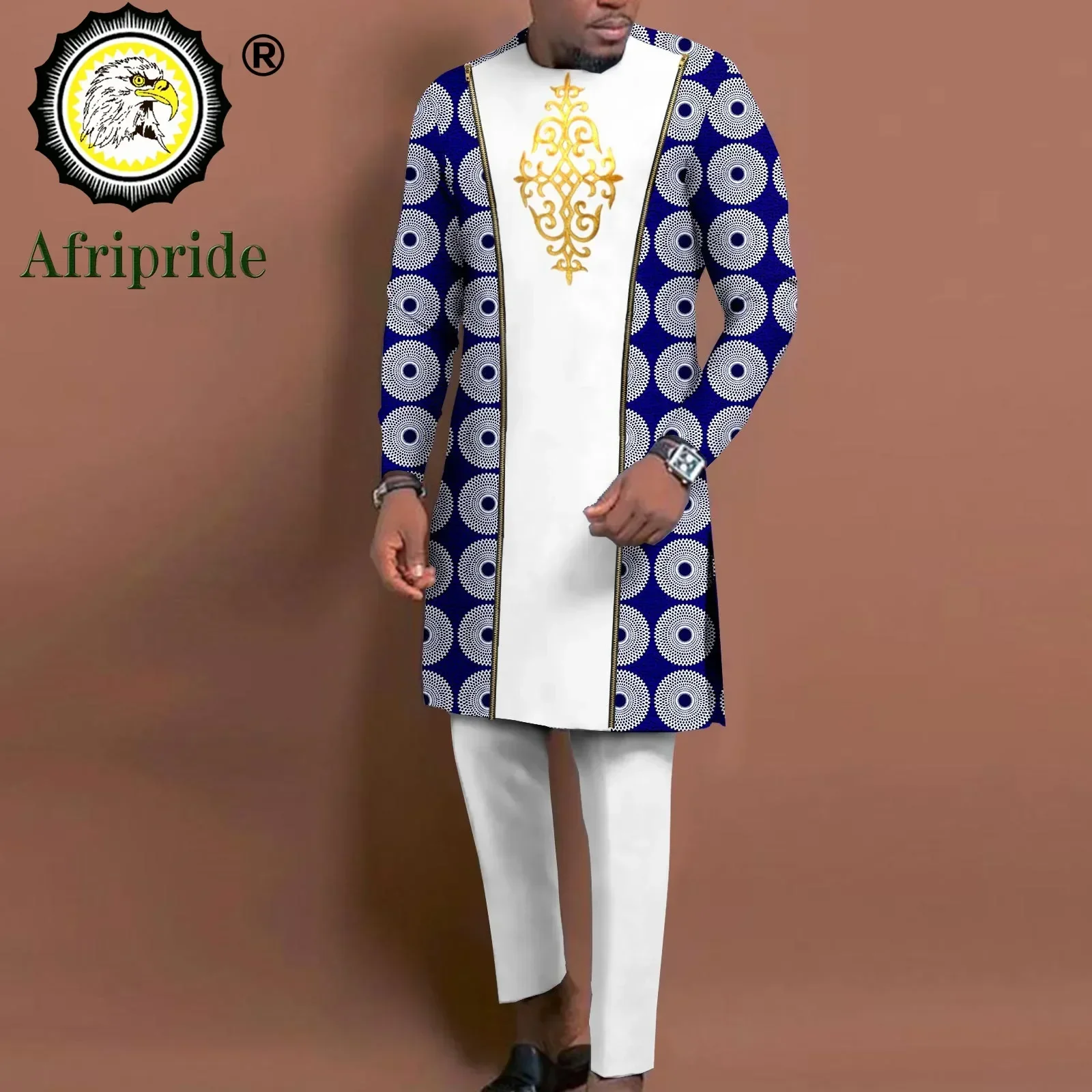 Top Trends: Bazin Riche African Traditional Clothing For Men Embroidery Dashiki Print Zip Blazer Coats With Trousers 2 Piece Suit A2116060 Shoppable Styles