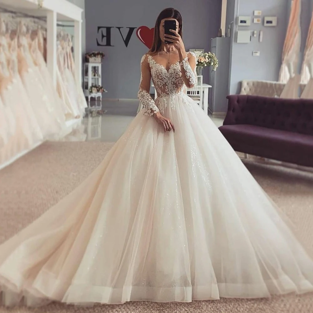 Top Trends: Bohemian Wedding Dresses Women&#039;s Elegant Sweetheart A-line Sheer Applique Long Sleeve Princess Prom Bridal Gowns Formal Party De Shoppable Styles