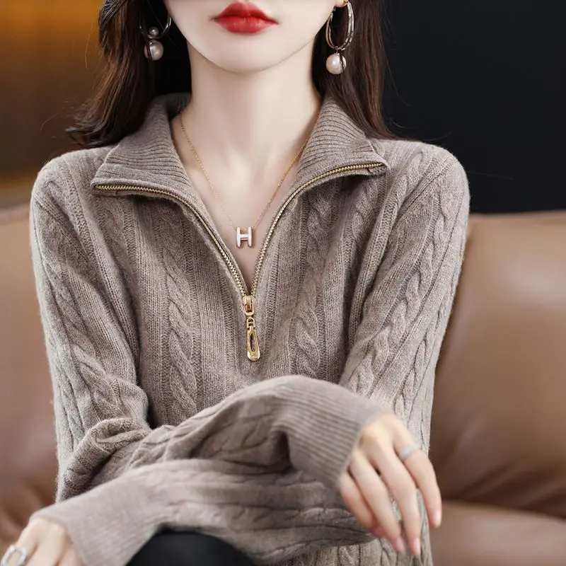 Top Trends: Fashion Woman Blouses 2023 Stand Collar Knitted Long Sleeve Thick Skinny Casual Solid Color All-match Zipper Sweaters Jumpers Shoppable Styles