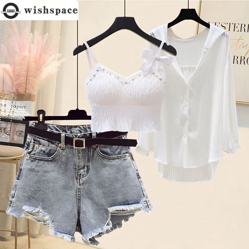 Top Trends: Spring / Summer Set Women&#039;s 2023 New Korean Fashion Age Reducing Tank Top Casual Shirt Jeans Three Piece Set Fashion Shoppable Styles