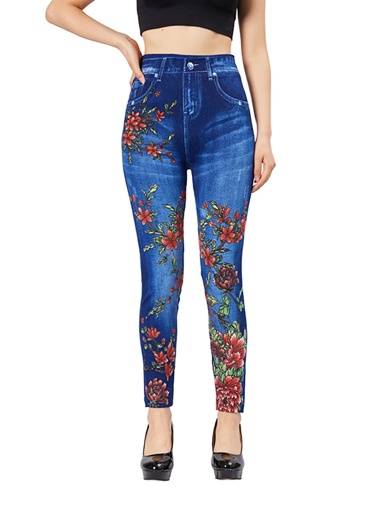 Top Trends: CUHAKCI Flame Flower Print Slim Fit Blue Jeggings Women&#039;s Casual Pencil Pants Elastic Fake Pocket Jeans Workout Yoga Leggings Shoppable Styles