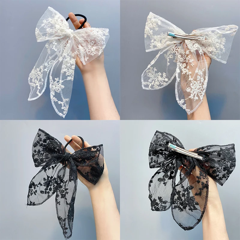 Top Trends: Women Solid Black White Lace Bow Elastic Hair Rubber Bands Bowknot Hair Ties Clips For Girls Ponytail Holder Hair Accessories Shoppable Styles