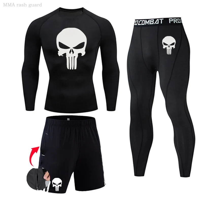 Top Trends: 3 Piece Men's Full Suit Tracksuit MMA Tactics Winter Thermal Underwear Skull Rashgard Male Compression Sport Tights Jogging Suit Shoppable Styles