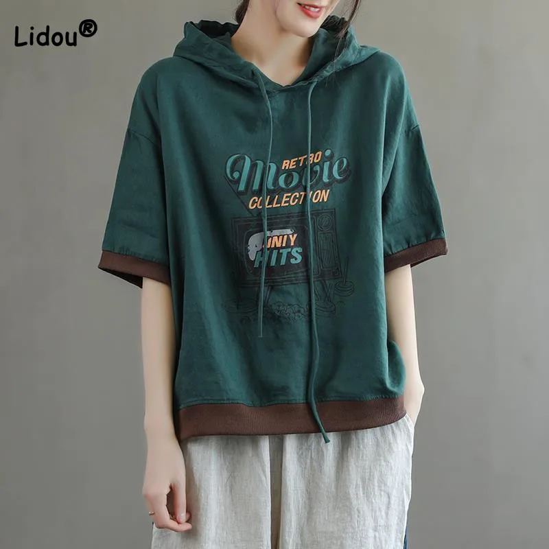 Top Trends: Women's Clothing Casual Short Sleeve Hoodies T-shirt Summer Fashion All-match Female Vintage Letter Printing Patchwork Tops Shoppable Styles