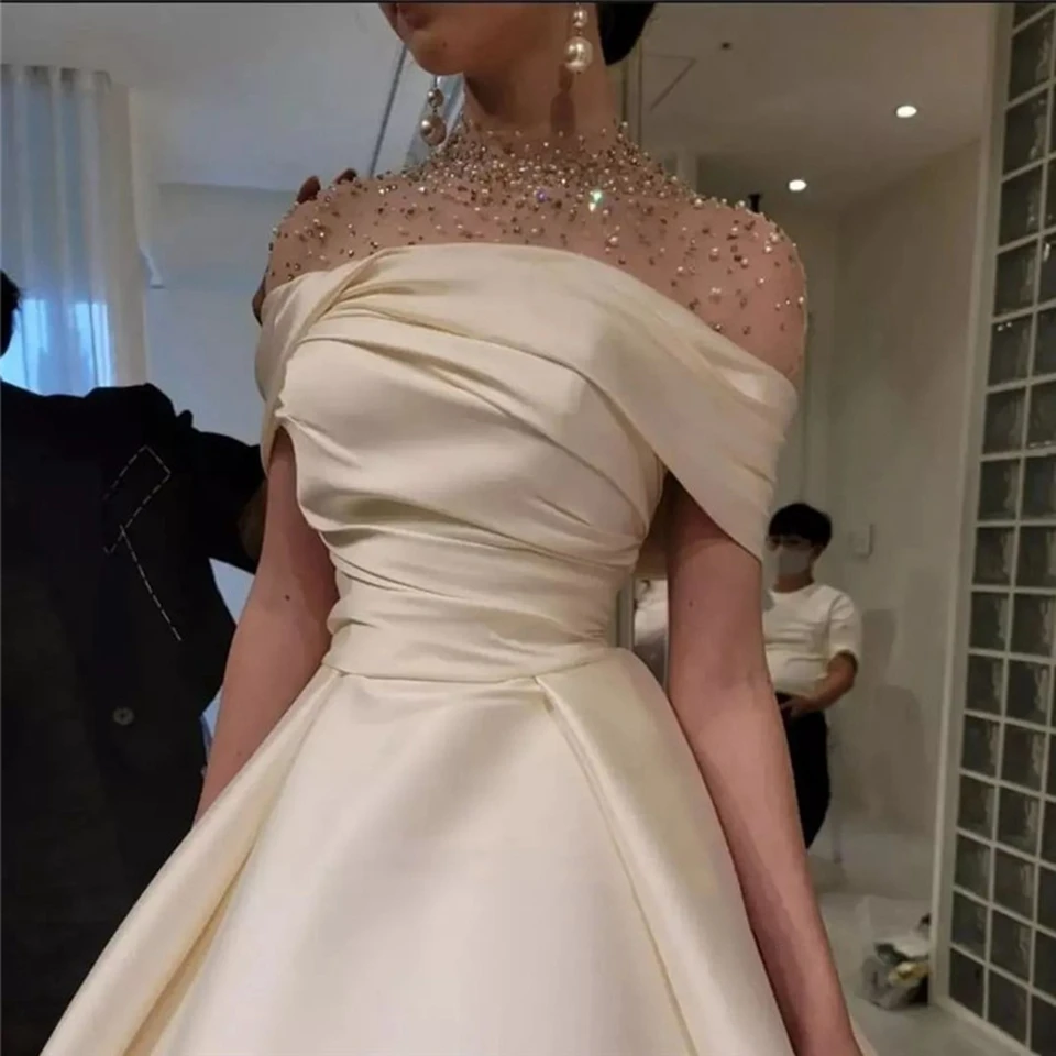 Top Trends: Charming Champagne High-Neck Beaded Short Sleeves Satin Prom Dresses 2023 A-Line Floor Length Zipper Custom Made Bridal Gown Shoppable Styles - Image 4