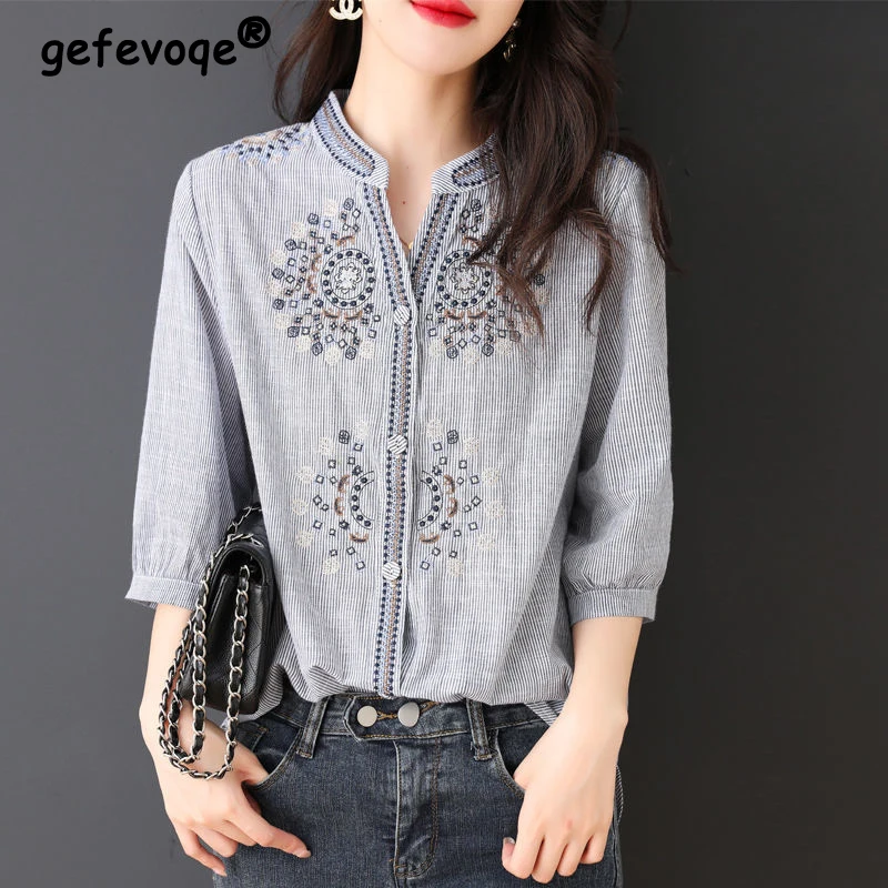 Top Trends: Vintage Striped Embroidery Chic Irregular Cotton Button Up Shirts 2023 Summer Fashion Casual V Neck Loose Tops Blouses For Women Shoppable Styles