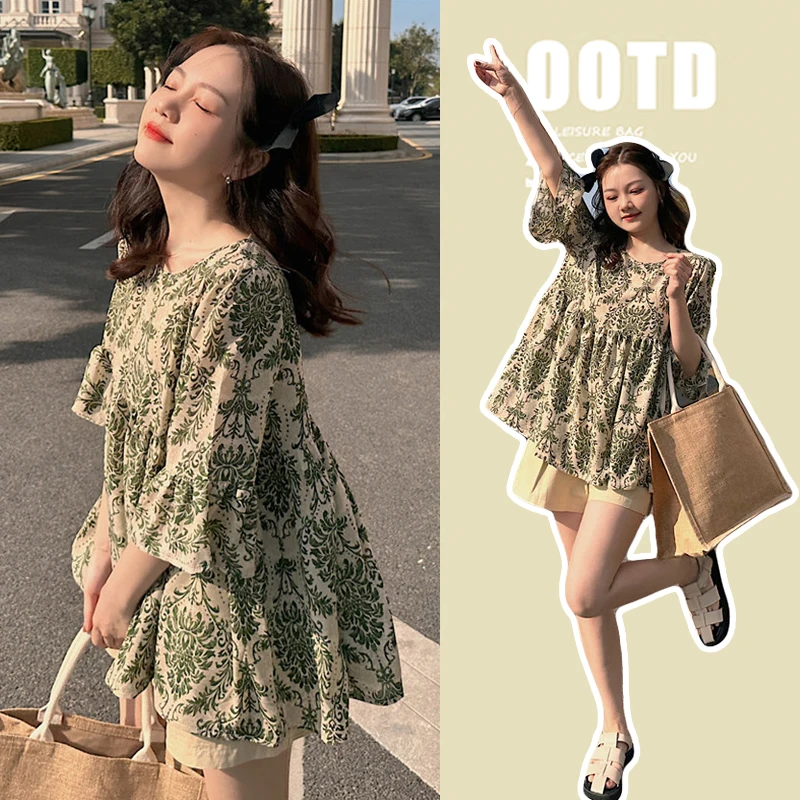 Top Trends: Summer Maternity Two Pieces Clothes Set Fashion Printing Floral Shirts+ Belly Shorts Twinset Pregnant Woman Pants Suits Wholesale Shoppable Styles