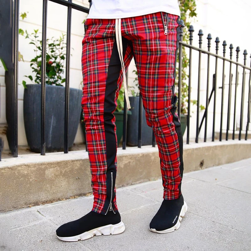 Top Trends: Fashion Men's Pants Red Plaid Patchwork Casual Pants Street Wear Outdoor Men's Pants Leg Zipper Design Men's Wear Shoppable Styles