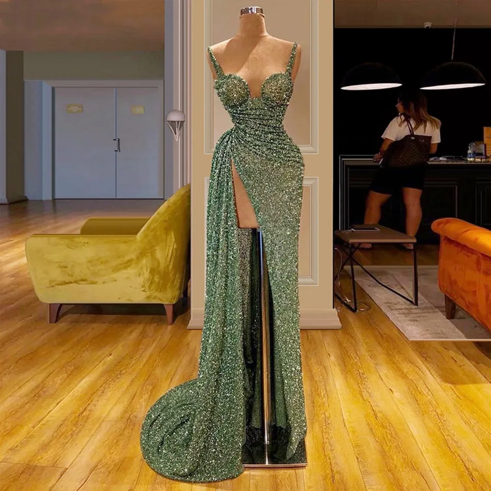 Top Trends: 2023 Spaghetti Straps Elegant Vestido De Gala Green Sequin Mermaid Prom Dresses Women Formal Party Night Side Split Evening Gown Shoppable Styles