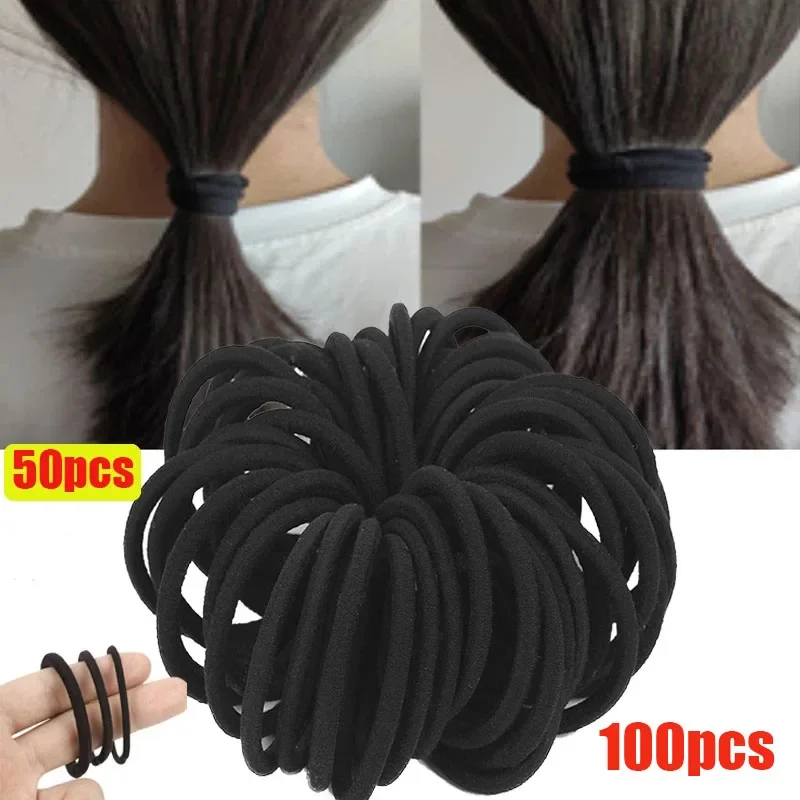 Top Trends: New 50 / 100Pcs Black Thick Snag Free Endless Hair Elastics Hairbands Ponytail Hair Ties Polyester Good Pon Elasticity Solid Color Shoppable Styles