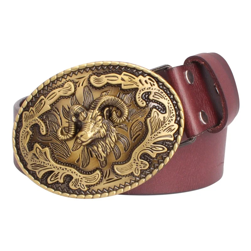 Top Trends: Fashion Belt Sheep Argali Golden Ram Head Buckle Cowskin Leather Goat Pattern Heavy Metal Rock Style Accessories Shoppable Styles - Image 4