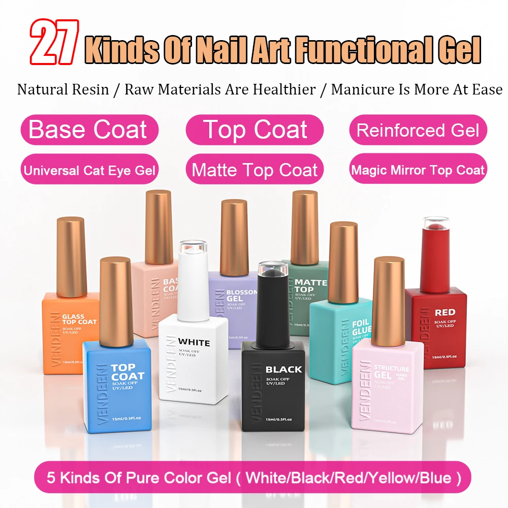 Top Trends: Vendeeni 27 Kinds UV Functional Gel Nail Polish Top Coat Base Coat Mirror Gel Builder Gel Cat Eye Gel Pure Color Gel Black White Shoppable Styles