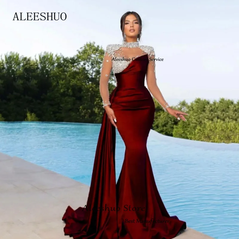 Top Trends: Aleeshuo Luxury Beading Mermaid Satin Prom Dresses Long Sleeve Halter Sweetheart Evening Dress Formal Occasions Vestido De Noche Shoppable Styles - Image 5