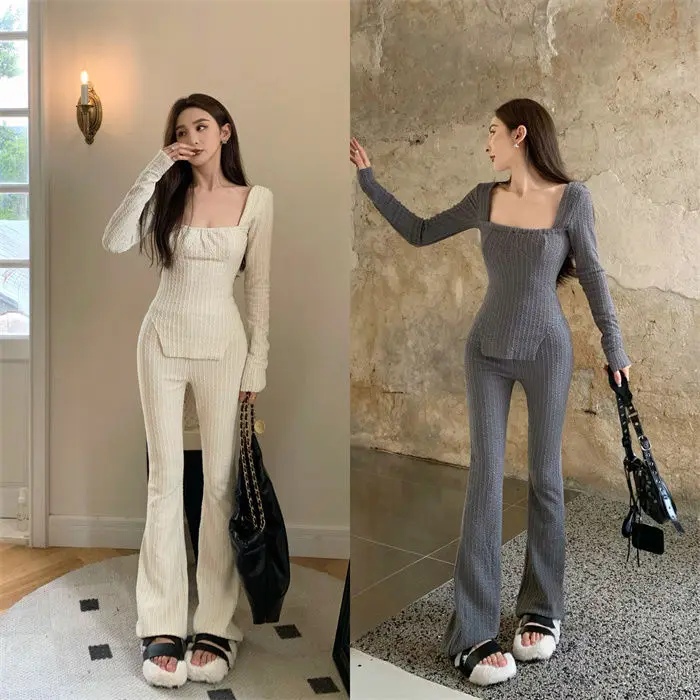 Top Trends: Spice Girls Vintage Slimming Suit Women's Autumn New Korean Edition Square Neck Long Sleeve Top High Waist Straight Pants Shoppable Styles