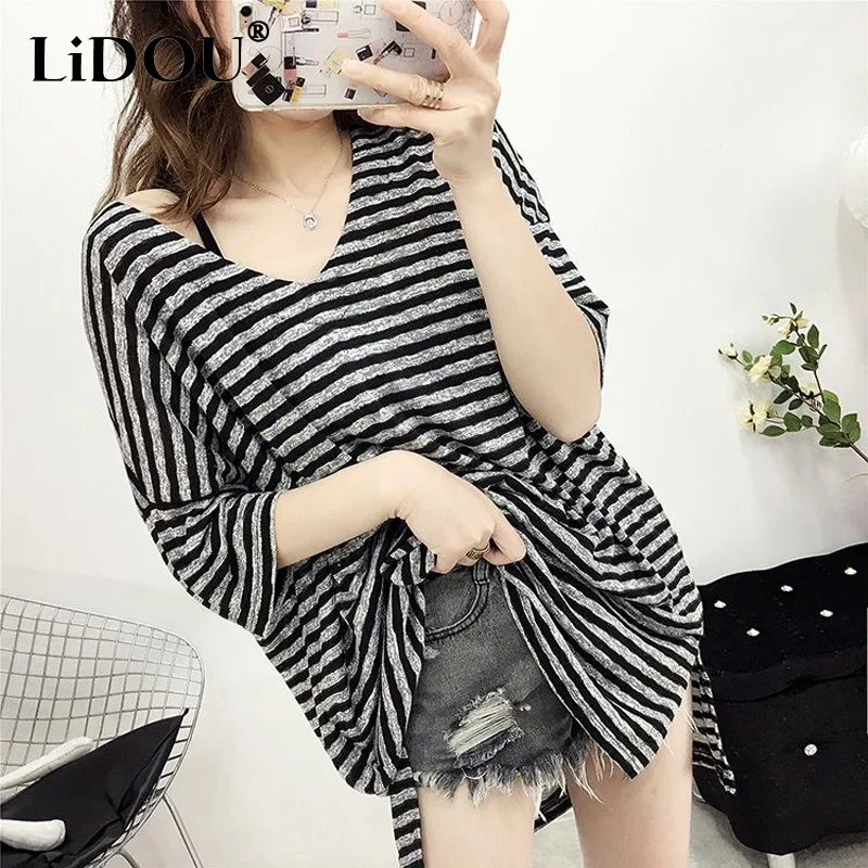 Top Trends: 2023 Summer Female Clothing Oversize Striped V-neck Loose Midi Tops Women Korean Style Fashion Comfortable Short Sleeve T-shirt Shoppable Styles