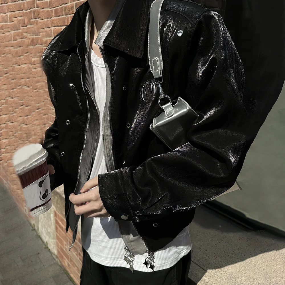 Top Trends: Men's Leather Outerwear Y2k Clothes Trend Streetwear Faux Leather Glossy Long Sleeve Jackets Motorcycle Zipper Short Tops Coat Shoppable Styles