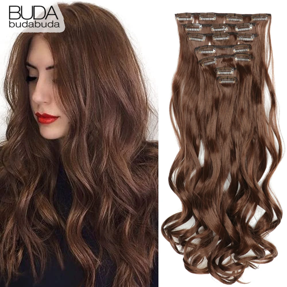 Top Trends: Synthetic Long Straight Wavy Hair Extensions 7Pcs / Set 22Inch Fiber Hairpieces Clip In Hair Extensions Brown Daily For Women Use Shoppable Styles