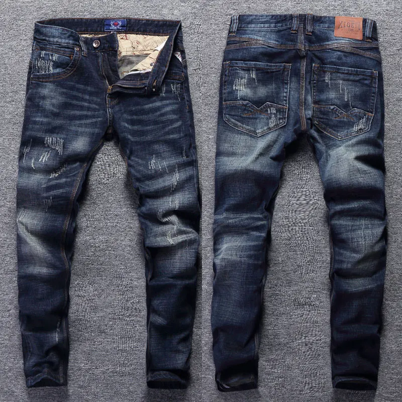 Top Trends: Italian Style Fashion Men Jeans Retro Dark Blue Elastic Slim Fit Ripped Jeans Men Streetwear Vintage Designer Denim Pants Hombre Shoppable Styles