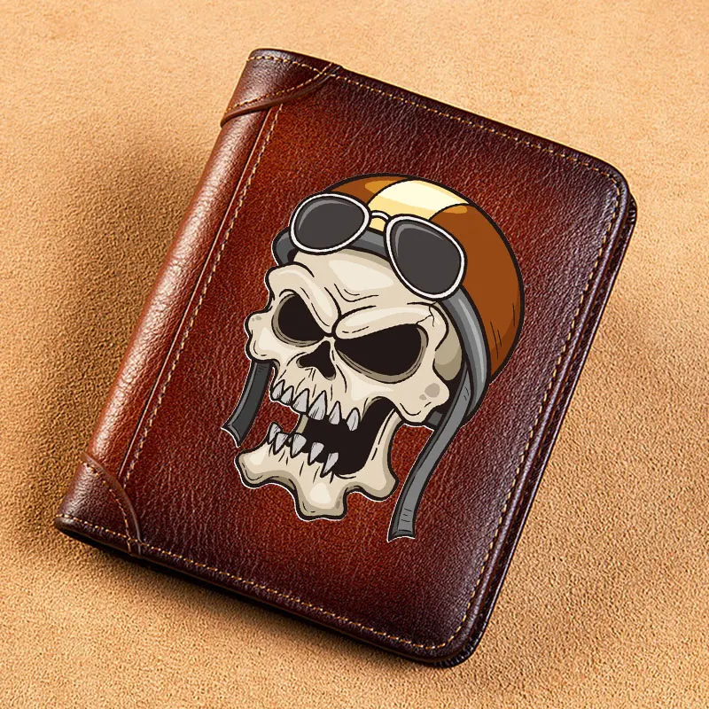 Top Trends: High Quality Genuine Leather Men Wallets Pilot Skull Design Printing Short Card Holder Purse Luxury Brand Male Wallet Shoppable Styles