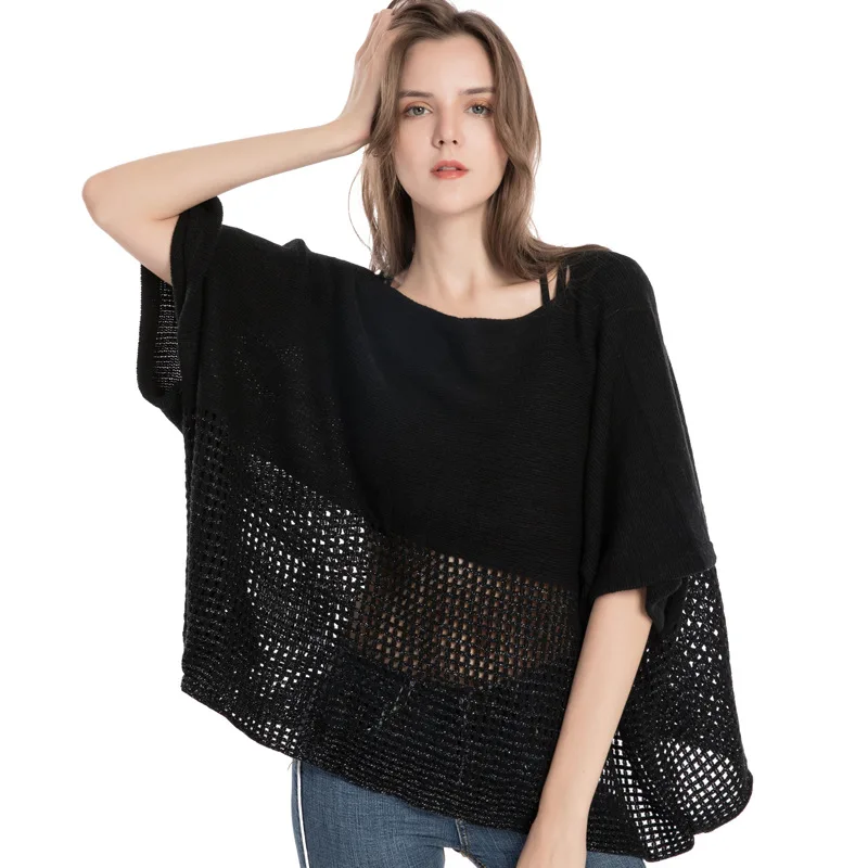 Top Trends: Women Spring Autumn Shawl Lady Knit T-shirt Hollow Out Wrap Solid Color Pullover Loose Sweater Fall Poncho Wholesale Drop Ship Shoppable Styles