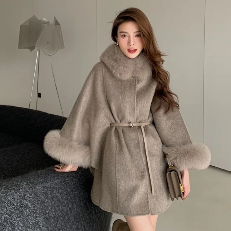 Top Trends: 2023 Autumn Winter New Fox Fur Collar Women Premium Cashmere Cape Shawl Outcoat Female Mid-Length Double-Sided Woolen Outwear Shoppable Styles