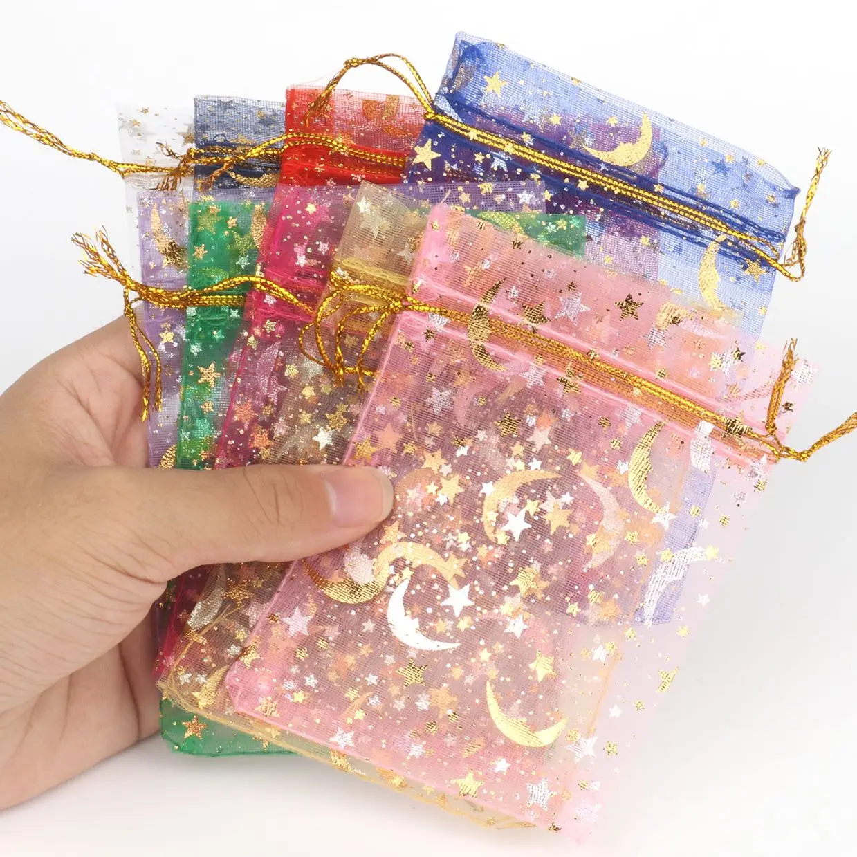 Top Trends: 50pcs / lot Jewelry Packaging Moon Star Drawstring Organza Bags Party Goodie Packing Bags Wedding Candy Gifts Pouches Wholesale Shoppable Styles