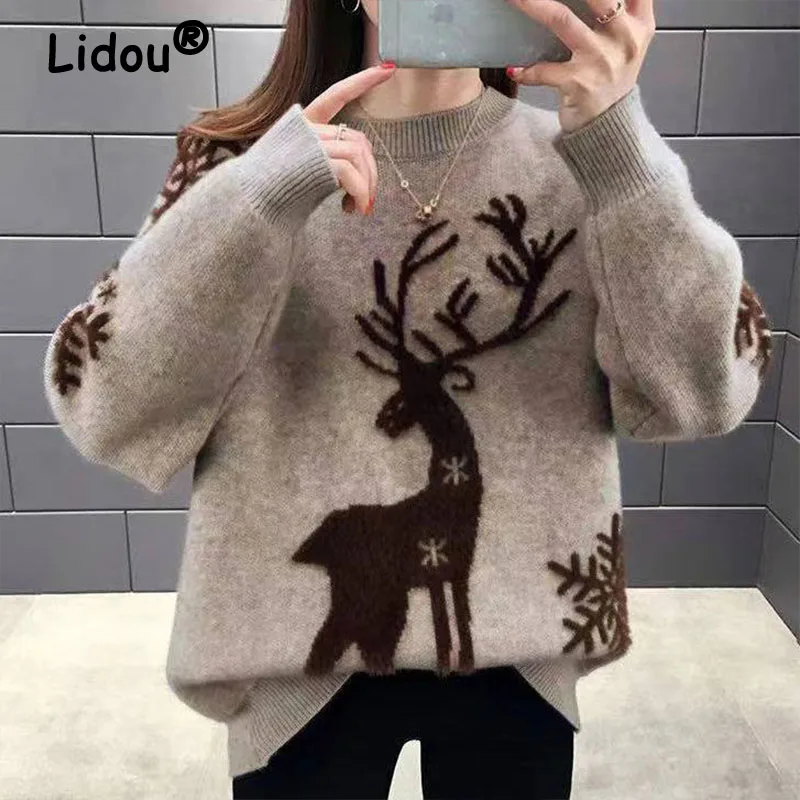 Top Trends: Autumn Winter 2022 O-Neck Christmas Animal Printing Knitted Pullovers For Women Elegant Fashion Diamonds Korean Fashion Sweater Shoppable Styles