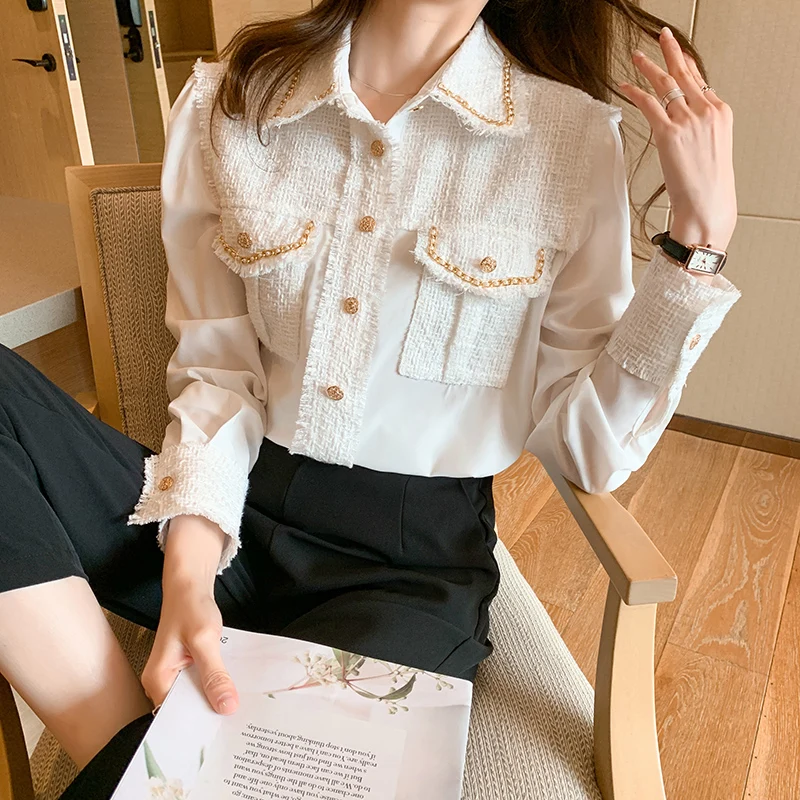 Top Trends: Summer New Shirt Women Blouse Long Sleeve Chiffon Fashion Button Splicing Lattice Loose Tops Shoppable Styles