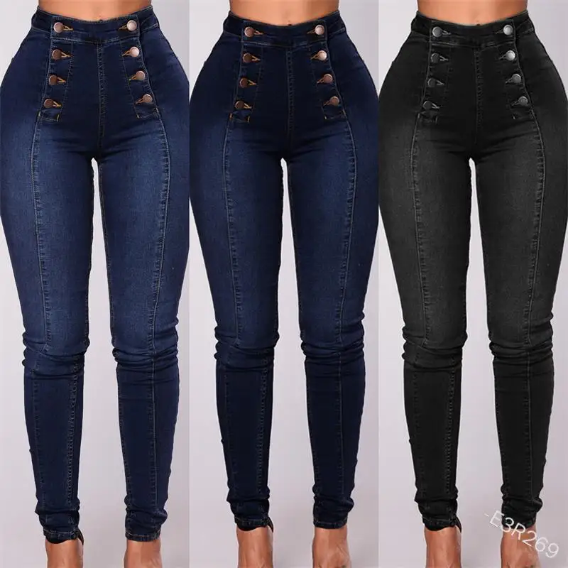 Top Trends: Women Elegant Vintage Stretch Bodycon Jeans Fashion Casual Double Breasted High Waist Skinny Denim Pants Trousers Shoppable Styles