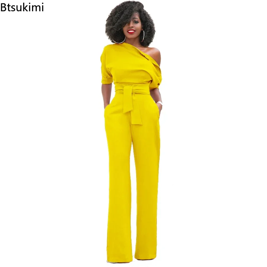 Top Trends: 2024 Spring Autumn Casual Jumpsuit Women Elegant One Shoulder Slash Neck Romper Overalls Full Length Jumpsuit Wide Legs Jumpsuit Shoppable Styles - Image 2