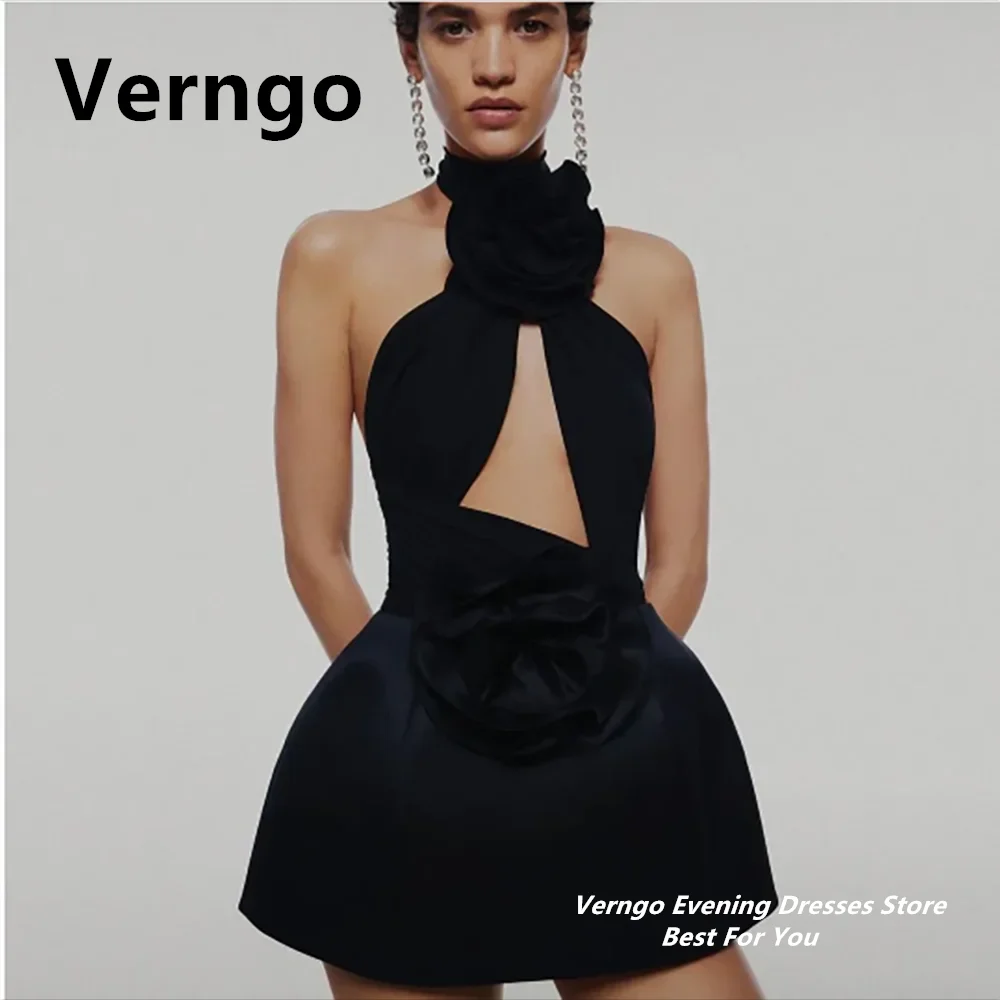 Top Trends: Verngo Black Mini Party Dress 3D Flower Halter Night Cocktail Dress Sexy Cut Out Short Prom Gowns Sleeveless Birthday Dress Shoppable Styles