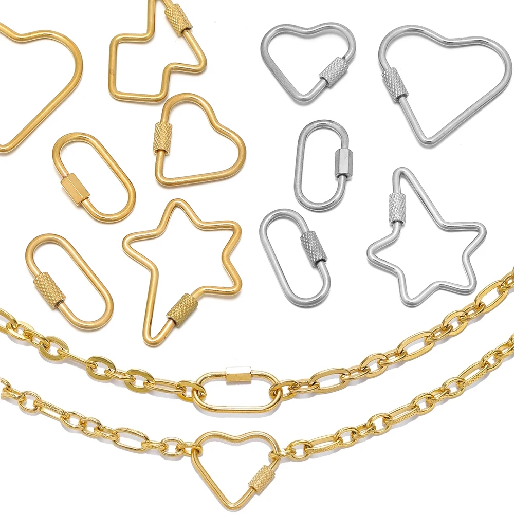 Top Trends: 4pcs Stainless Steel Heart Screw Locking Clasp Gold Oval Star Carabiner Clasps For Necklace Bracelet Keychain Making Shoppable Styles