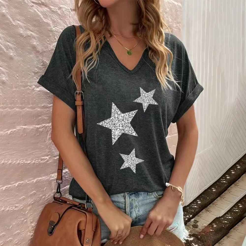 Top Trends: Fashion V-neck Women's T-Shirts Funny Five-Pointed Star Printed T Shirt For Women Summer Hot Sale Short Sleeve Casual Loose Tops Shoppable Styles