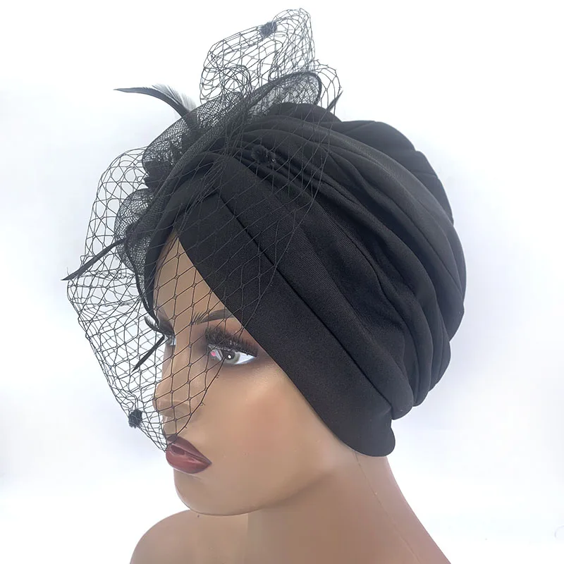 Top Trends: 2023 New Retro Feather Flower Turban Cap With Veil Elegant Women's Party Hat Muslim Headscarf Bonnet Ladies Head Wrap Turbante Shoppable Styles - Image 2