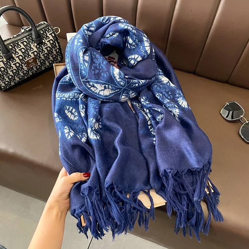 Top Trends: African Indian Navy Blue Floral Tassel Viscose Scarf High Quality Print Shawls And Wraps Pashmina Stole Long Soft Muslim Hijab Shoppable Styles - Image 6