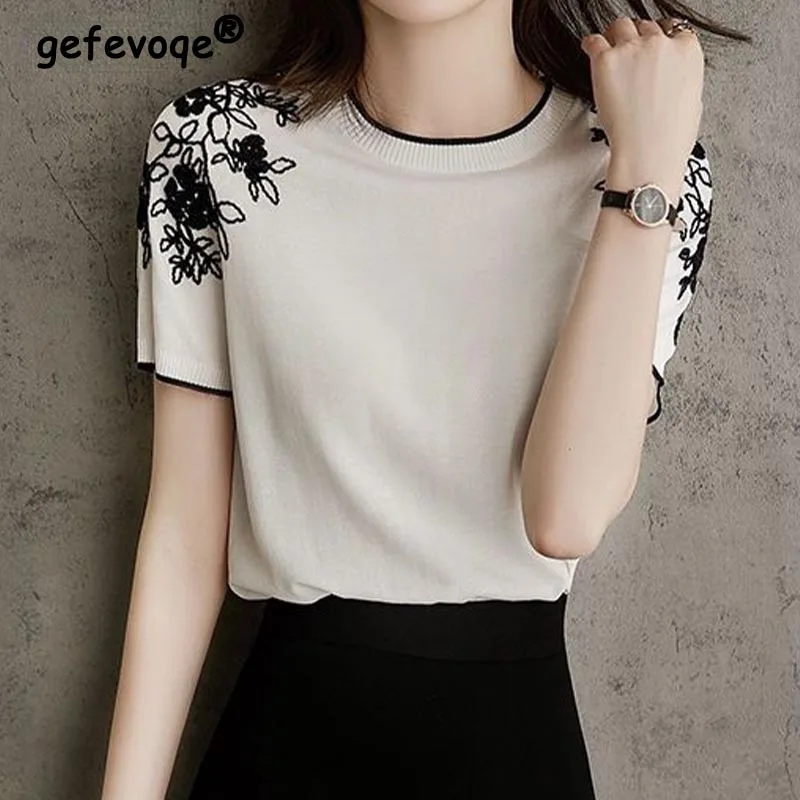 Top Trends: Office Lady Elegant Commuting Vintage Flowers Embroidery Summer Clothes For Women Short Sleeve T-shirts Round Neck Knitted Tops Shoppable Styles