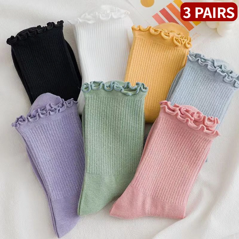 Top Trends: 3 Pairs / lot Women Ruffle Lace Cute Socks Polyester Cotton Loose Autumn Winter Knitting Solid Color Long Breathable Mid Tube Sock Shoppable Styles