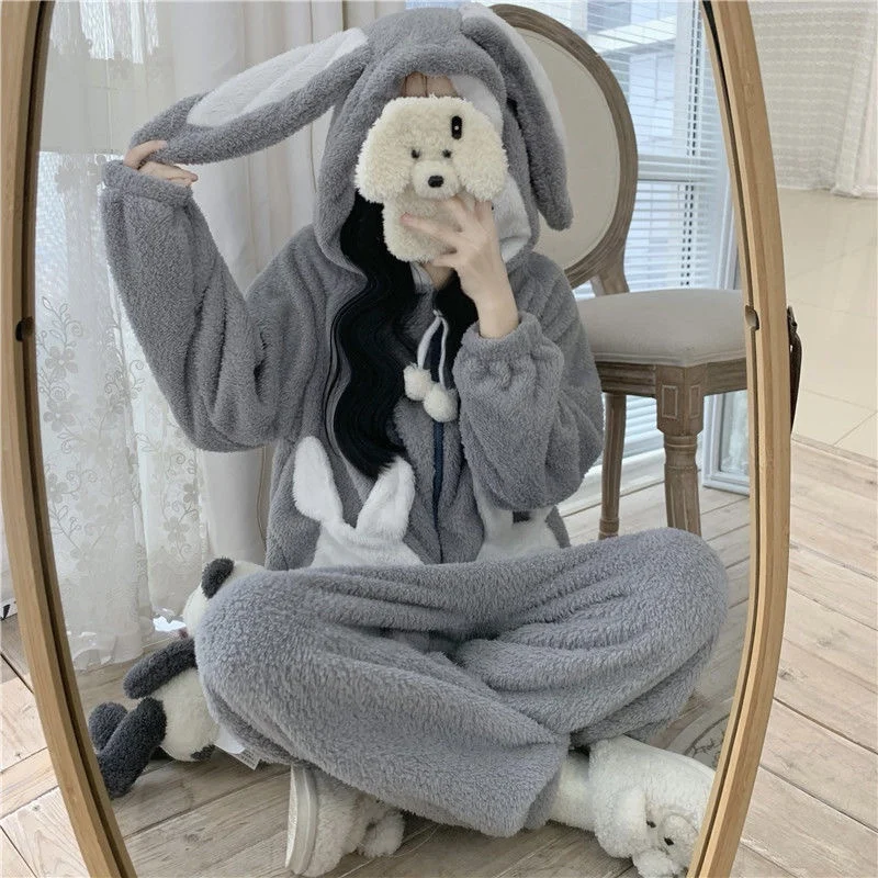 Top Trends: Bunny Hooded Onesies Women Kigurumi Pajamas Cute Pijama Winter Warm Sleepwear Kawaii Female Nightwear Pyjamas Jumpsuit Shoppable Styles