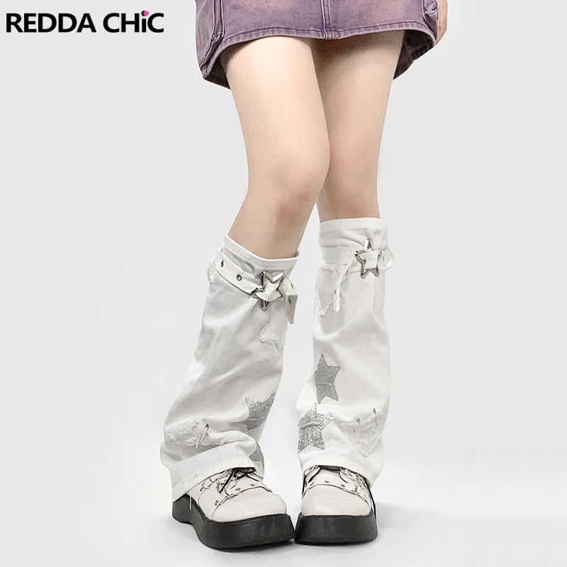 Top Trends: REDDACHiC Y2k Glitter Star White Denim Leg Warmers Knee-length Boots Cover Bandage Belt 2000s Retro Acubi Fashion Women&#039;s Gaiter Shoppable Styles