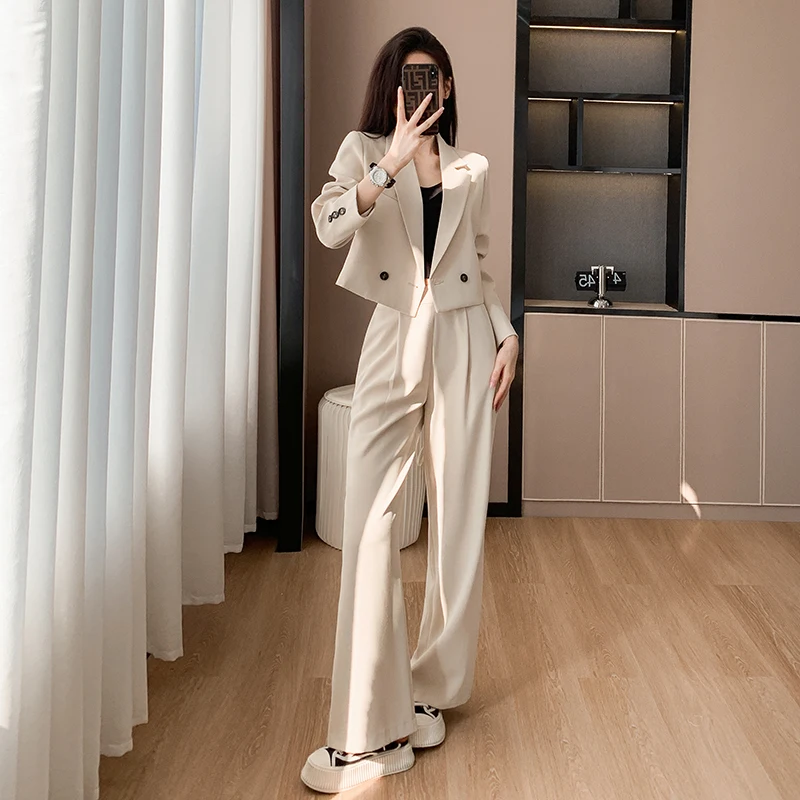 Top Trends: Korean Fashion Black Suits For Women 2023 Fashion Office Ladies Long Sleeve Double Breasted Crop Blazers Chic Loose Pant Suits Shoppable Styles