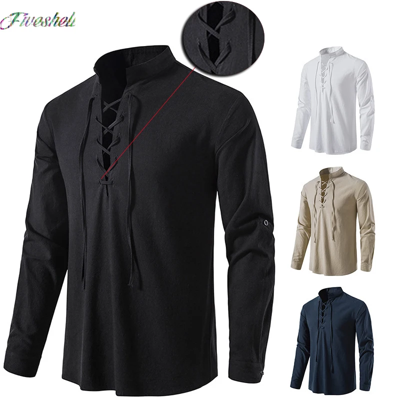 Top Trends: 2023 New Men's Casual Blouse Cotton Linen Shirt Tops Long Sleeve Tee Shirt Spring Autumn Medieval Vintage Viking Punk Costumes Shoppable Styles