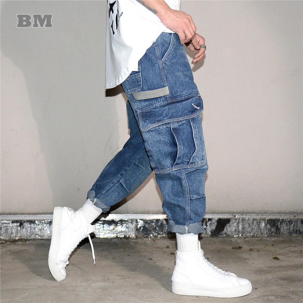 Top Trends: BM American Streetwear Multi Pocket Cargo Jeans For Men Clothing Korean Hip Hop Denim Harem Pants Harajuku Casual Cropped Pants Shoppable Styles