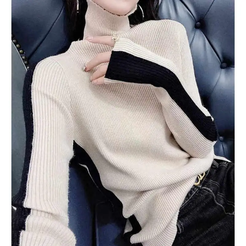 Top Trends: Autumn And Winter Women&#039;s Pullover High Neck Long Sleeve Contrast Stripe Shirring Slim Fit Fashion Casual Knit Bottom Tops Shoppable Styles