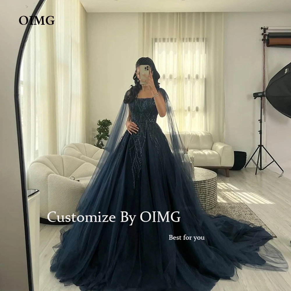 Top Trends: OIMG Dubai Arabic Women Navy Blue Glitter Lace Evening Dresses Square Neck Tulle Long Cape Sleeves Luxury Formal Prom Gowns 2023 Shoppable Styles