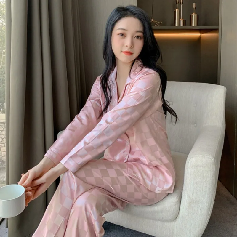 Top Trends: Spring And Autumn New Plaid Jacquard Imitation Silk Ice Silk Pajamas Women's Trousers Long-sleeved Two-piece Home Service Shoppable Styles - Image 3